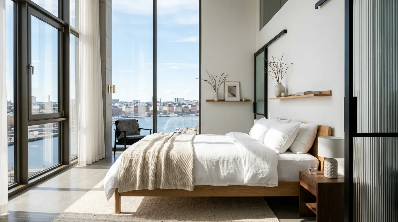 Recámara luminosa con cama tendida junto a un ventanal